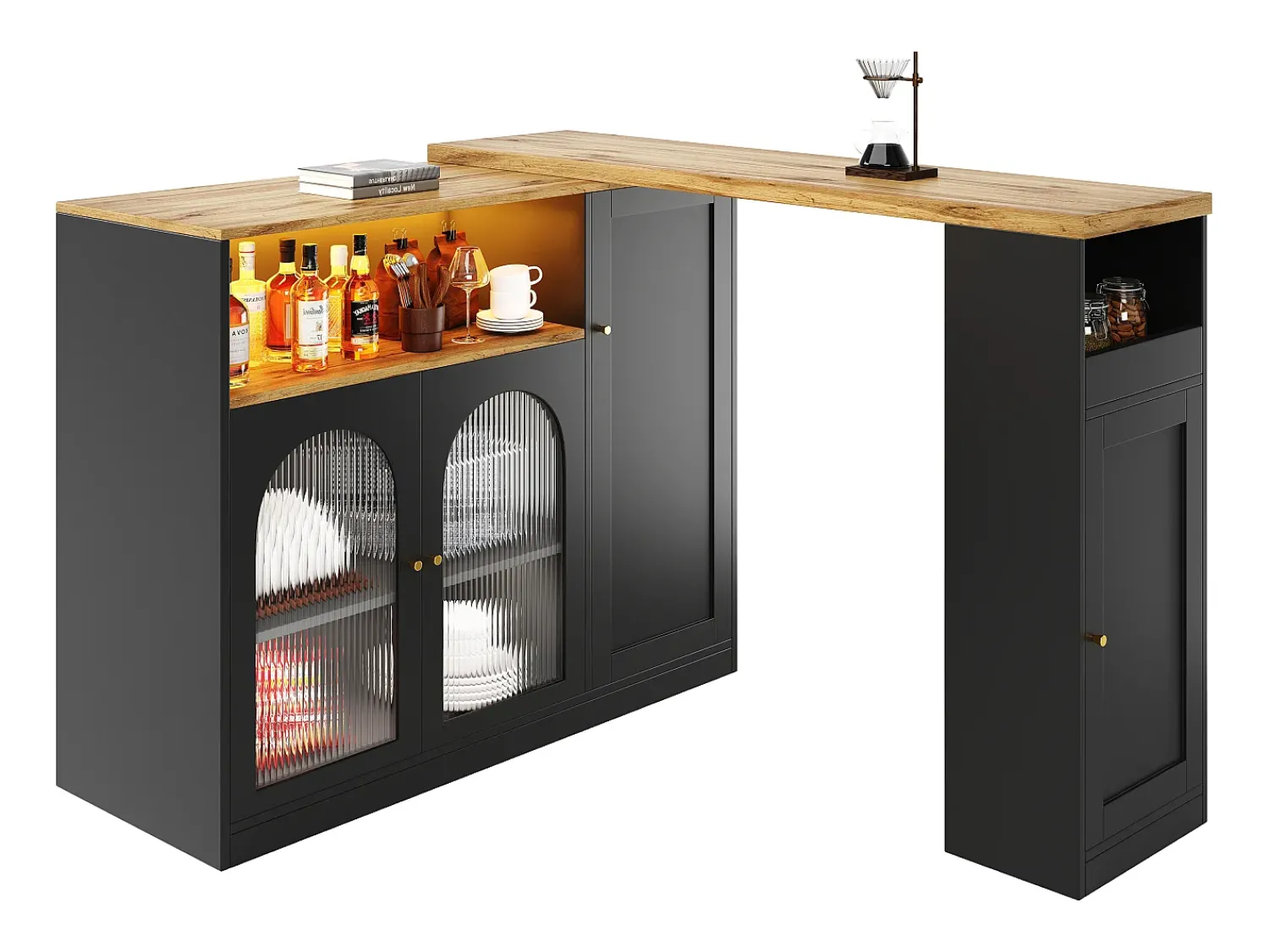 Hauss Spole Draaibare barkast met 4 deuren en LED-verlichting - Glazen deuren - Houtnerf bovenblad - Zwart^ Móvel De Bar