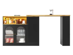 Hauss Spole Draaibare barkast met 4 deuren en LED-verlichting - Glazen deuren - Houtnerf bovenblad - Zwart^ Móvel De Bar