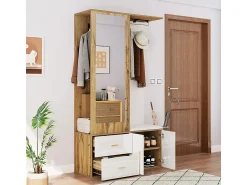 Sale KOMHTOM Elegante conjunto de roupeiro em e madeira crua com espelho, sapateira, banco para sapatos com ganchos e cabides deslizantes Branco
