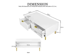 Mesa De Centro|Merax Elegante mesa de centro branca com decoração dourada, 2 gavetas, desenho listrado vertical, madeira MDF, 100 x 50 x 40 cm Branco