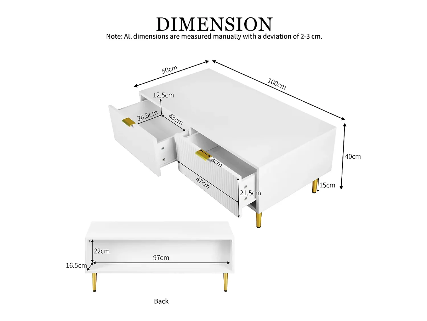 Mesa De Centro|Merax Elegante mesa de centro branca com decoração dourada, 2 gavetas, desenho listrado vertical, madeira MDF, 100 x 50 x 40 cm Branco