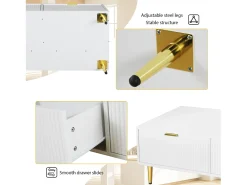 Mesa De Centro|Merax Elegante mesa de centro branca com decoração dourada, 2 gavetas, desenho listrado vertical, madeira MDF, 100 x 50 x 40 cm Branco