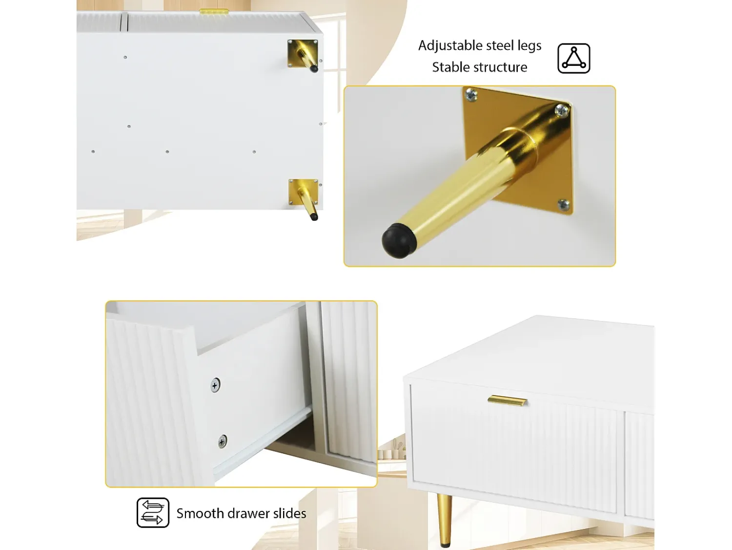 Mesa De Centro|Merax Elegante mesa de centro branca com decoração dourada, 2 gavetas, desenho listrado vertical, madeira MDF, 100 x 50 x 40 cm Branco