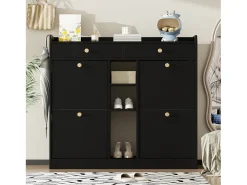 Móvel De Arrumação|Sapateira* Elegante sapateira com 4 portas articuladas, 2 gavetas, 3 compartimentos abertos, Preto
