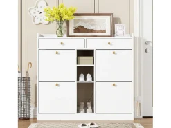 Móvel De Arrumação|Sapateira| Elegante sapateira com 4 portas articuladas, 2 gavetas, 3 compartimentos abertos, Branco