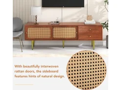 Móvel De Tv* Elegante suporte para TV em nogueira com portas e gavetas em rattan - 160x40x60cm Castanho