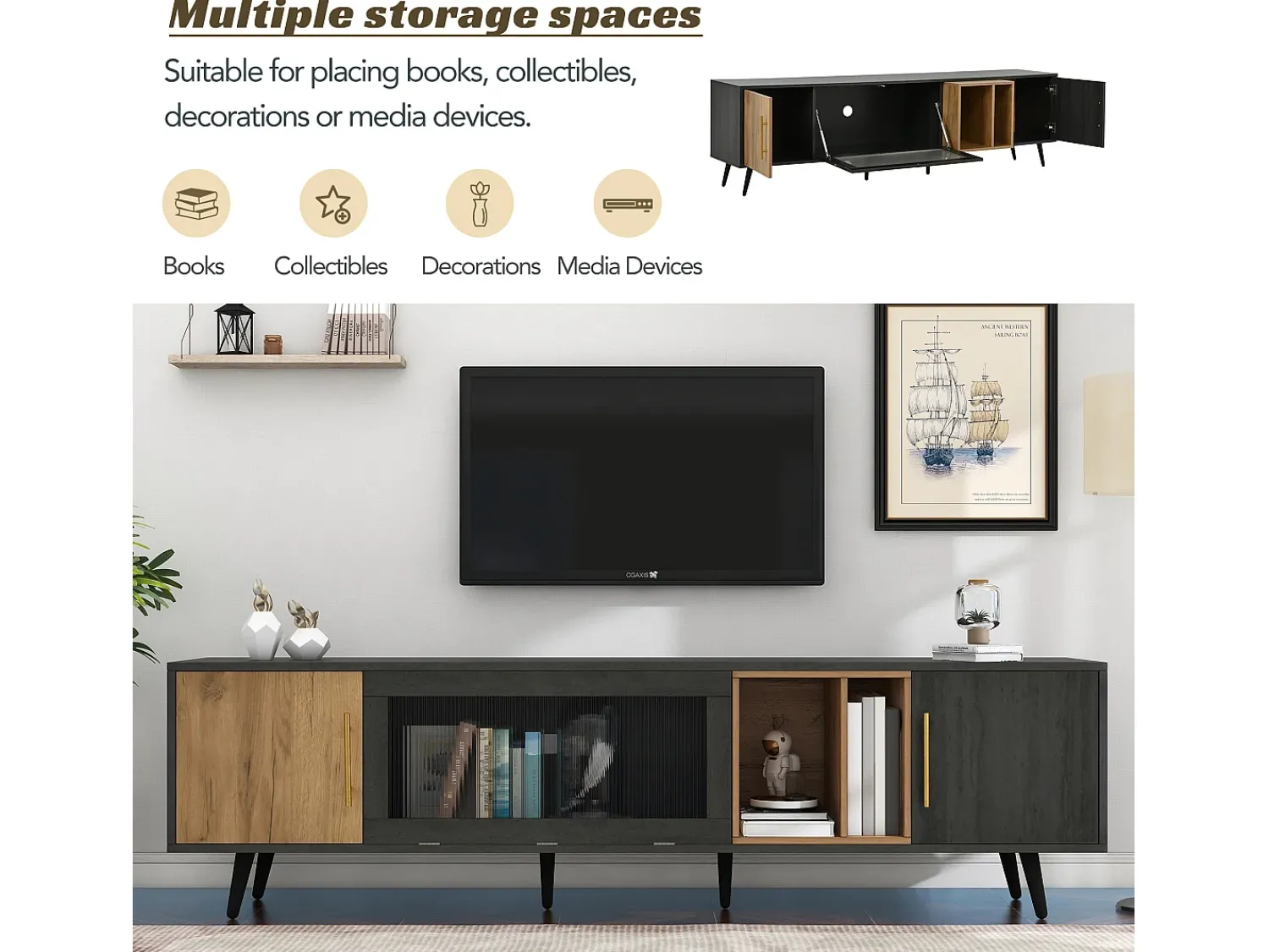 Elegante suporte para TV, 200 x 40 x 55,5 cm, madeira escura, com porta de vidro basculante, para sala de estar.^ Móvel De Tv
