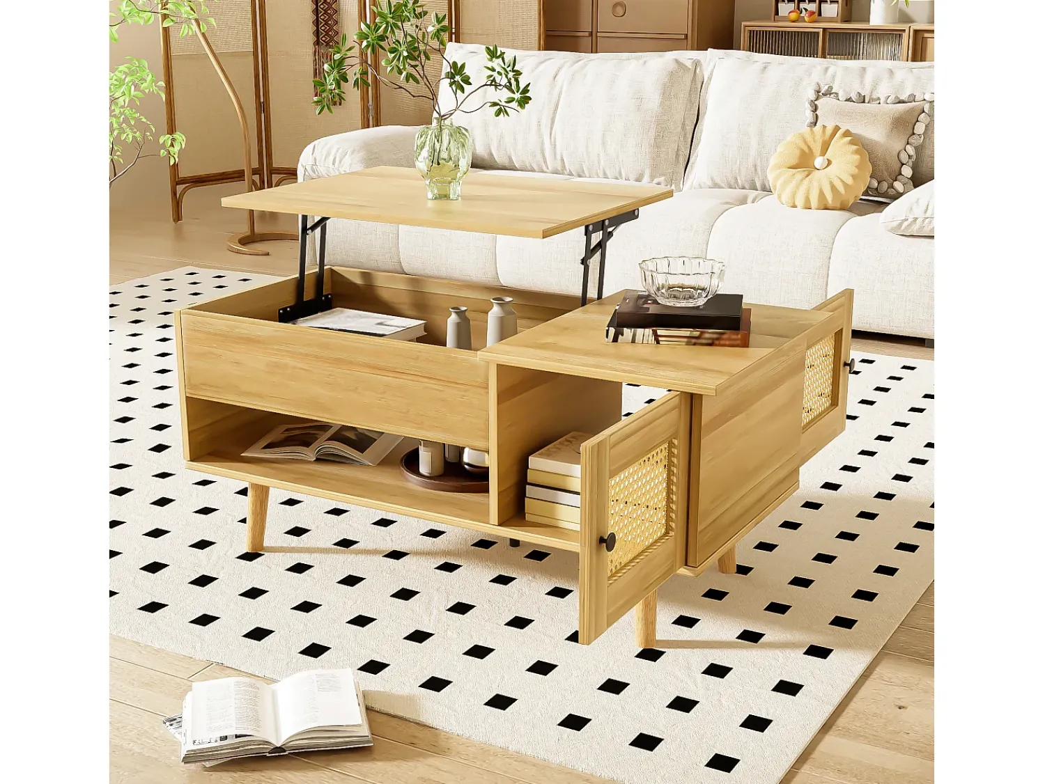 Elegante tavolino con piano sollevabile e ante in rattan, colore legno + nero, pratico spazio di archiviazione e design funzionale^ Mesa De Centro