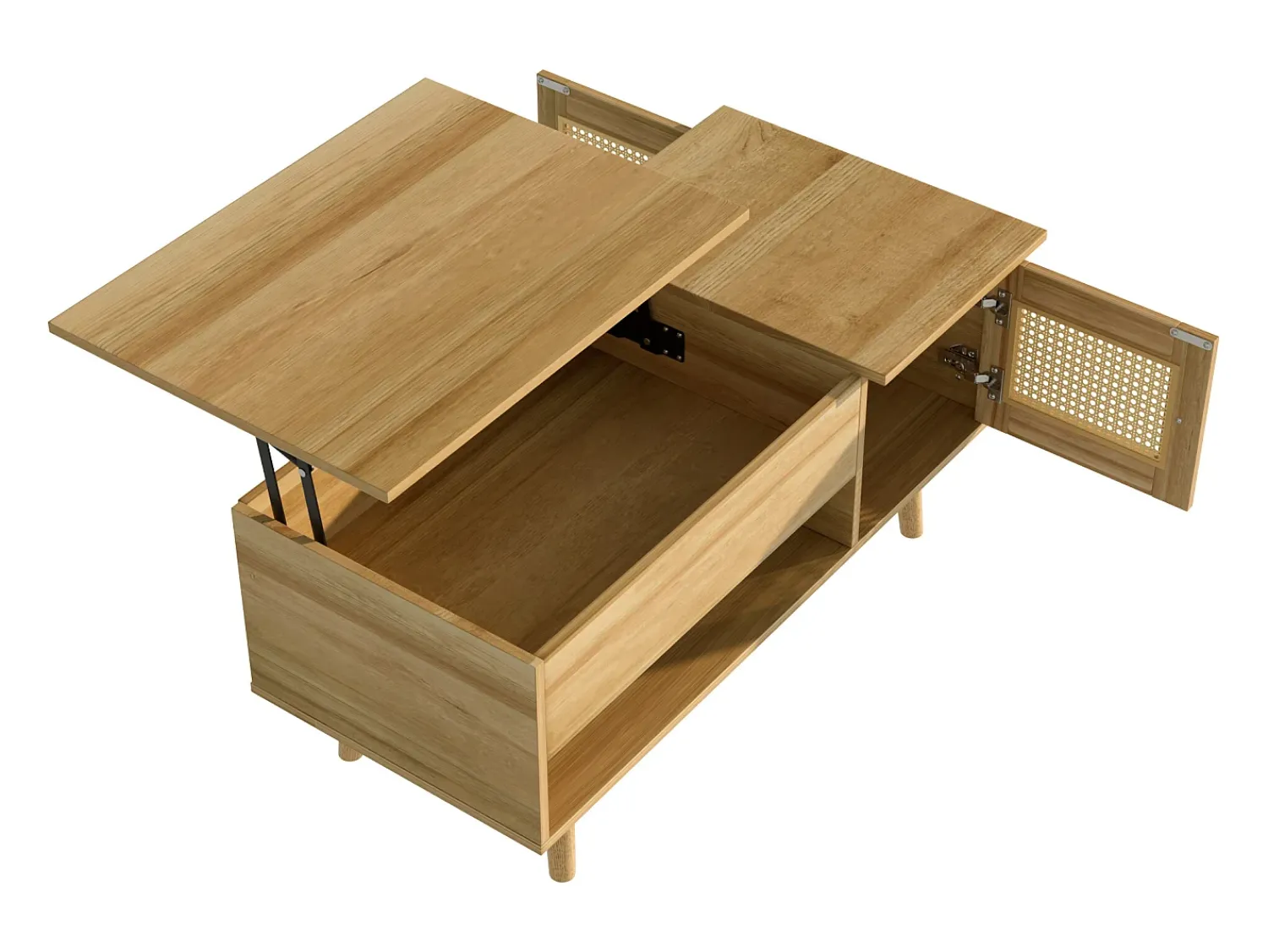 Elegante tavolino con piano sollevabile e ante in rattan, colore legno + nero, pratico spazio di archiviazione e design funzionale^ Mesa De Centro