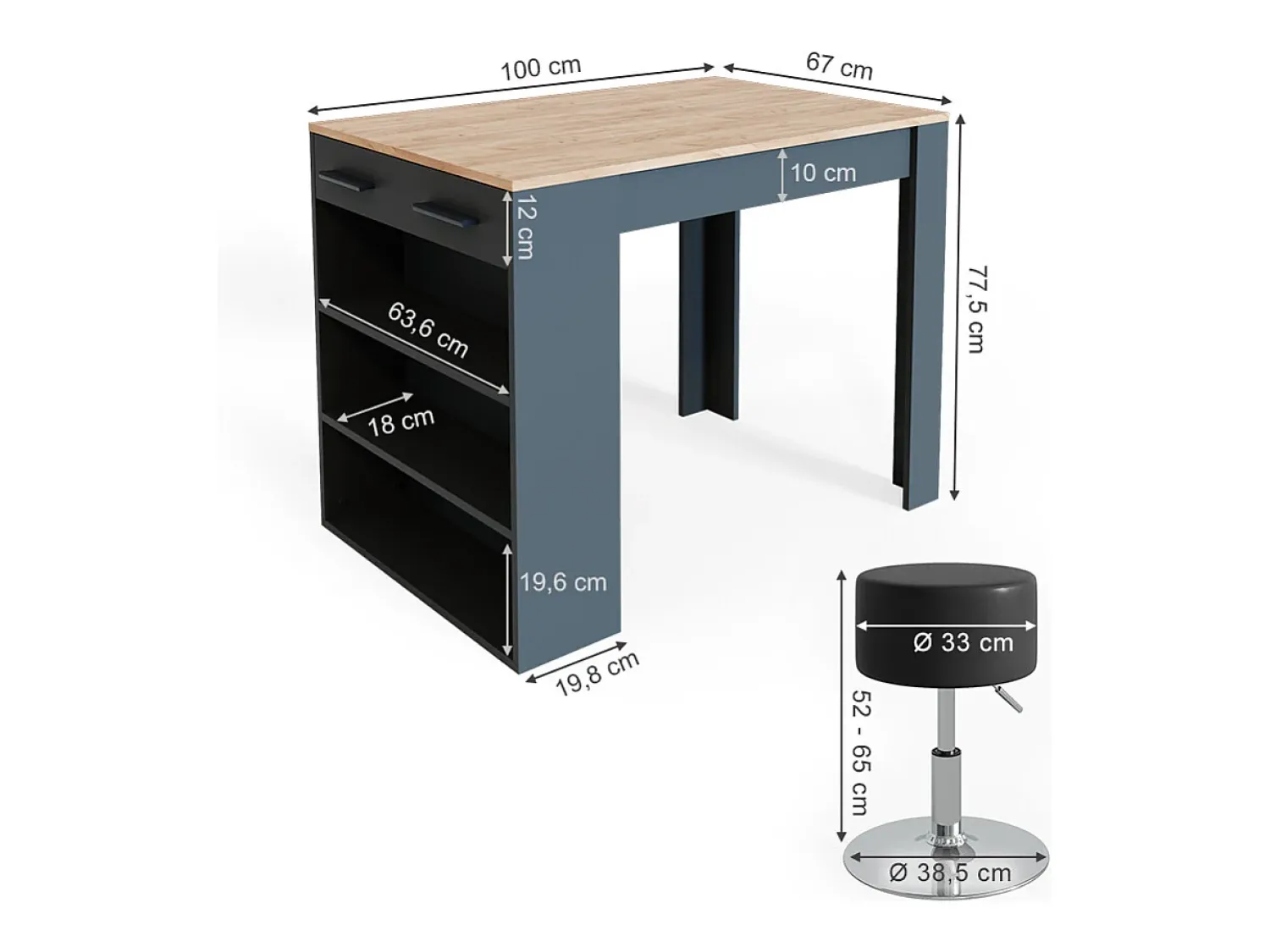 Móvel De Bar*Vicco Esstisch-Set carvalho antracite/goldkraft 67x100x77.5 repose Cinza antracite