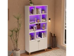 New ModernLuxe Estante 80×30×173 cm - iluminação LED com mudança de cor - 2 portas - compartimentos de armazenamento - Branco