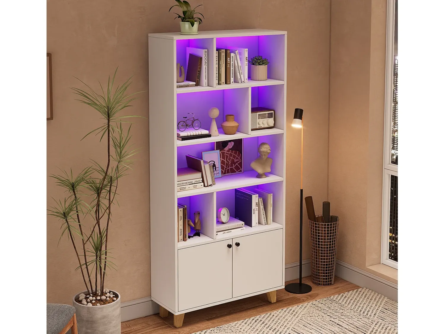 New ModernLuxe Estante 80×30×173 cm - iluminação LED com mudança de cor - 2 portas - compartimentos de armazenamento - Branco