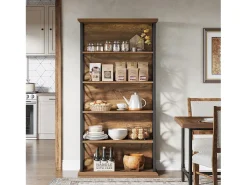 Biblioteca|Tribesigns Estante Alta de 6 Andares, Estante Industrial de 180cm com Moldura de Metal, Prateleiras de Armazenamento Aberto Autossustentáveis Castanho