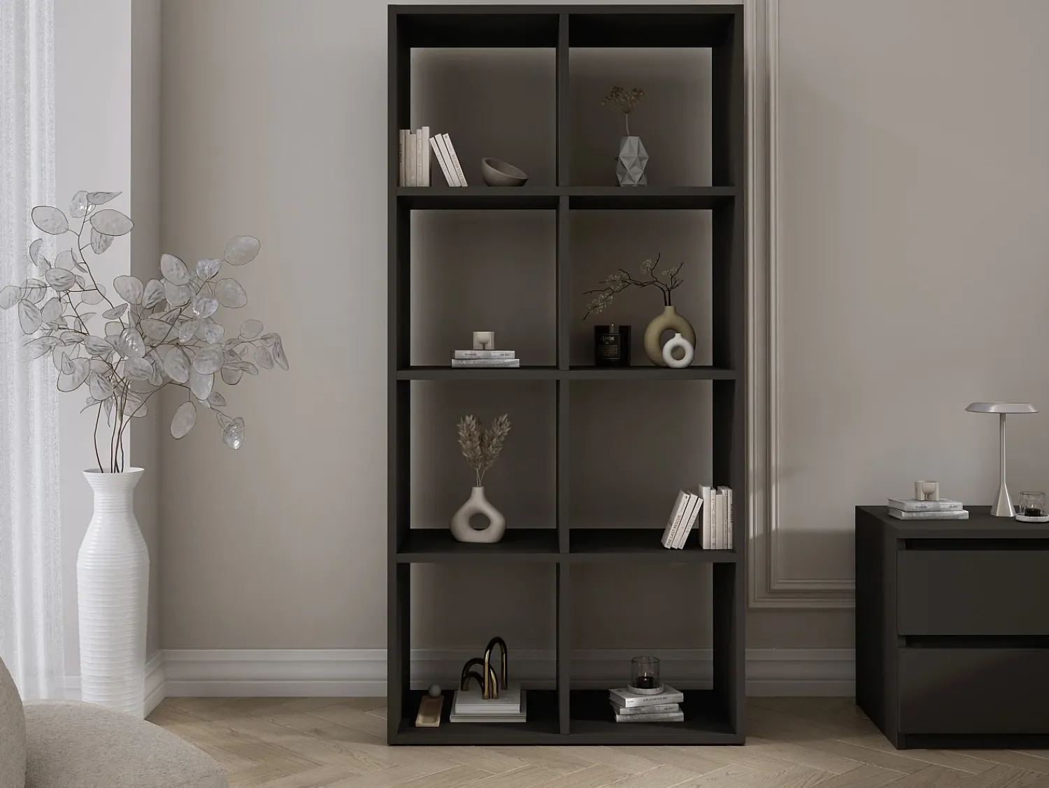 Biblioteca* Estante com 8 compartimentos – Cor: – 147 × 74 × 30 cm, vertical ou horizontal Preto