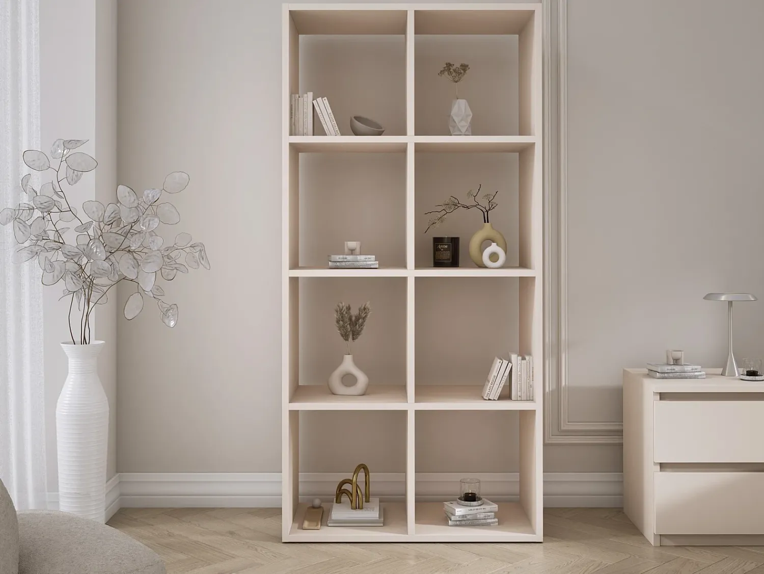 Biblioteca* Estante com 8 compartimentos – Cor: Caxemira – 147 × 74 × 30 cm, vertical ou horizontal Bege