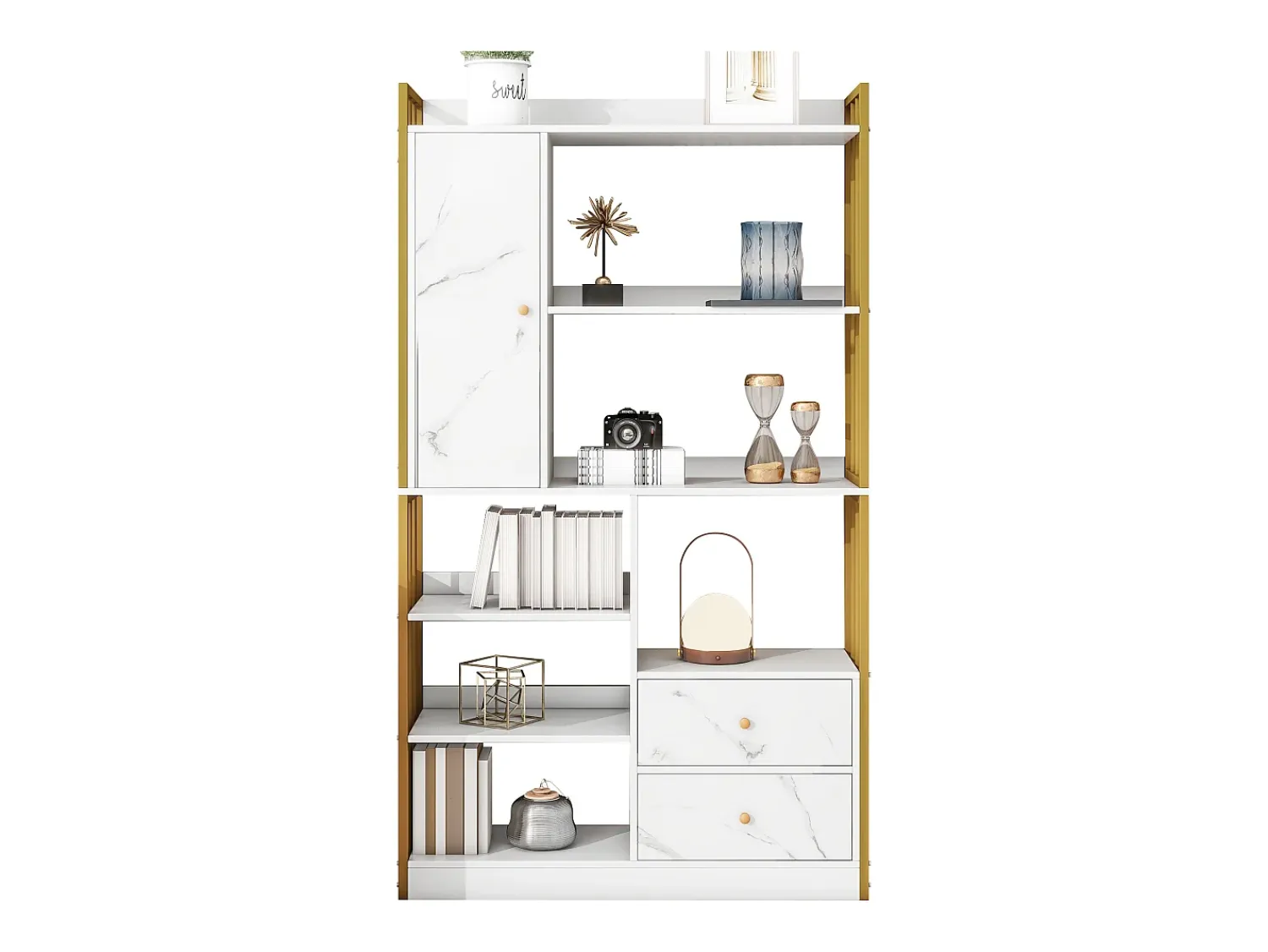 ModernLuxe Estante com 5 prateleiras, 1 porta e 2 gavetas - estilo industrial - Branco e Dourado^ Biblioteca