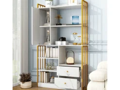 ModernLuxe Estante com 5 prateleiras, 1 porta e 2 gavetas - estilo industrial - Branco e Dourado^ Biblioteca