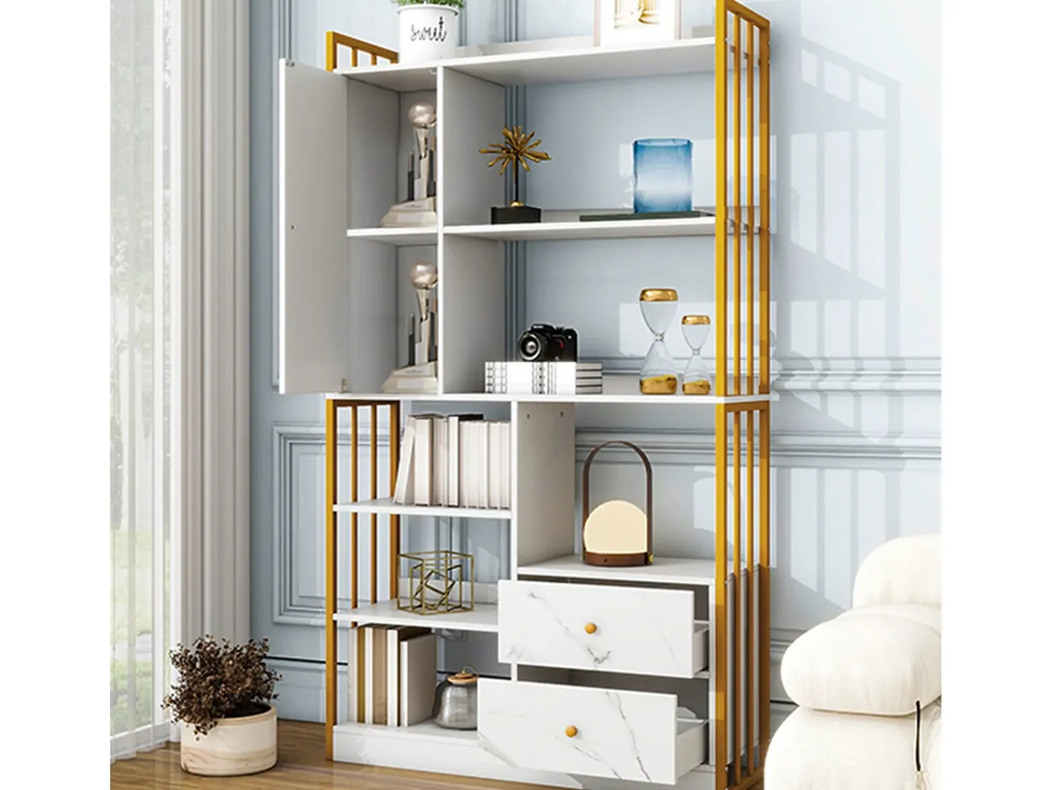 ModernLuxe Estante com 5 prateleiras, 1 porta e 2 gavetas - estilo industrial - Branco e Dourado^ Biblioteca