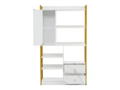 ModernLuxe Estante com 5 prateleiras, 1 porta e 2 gavetas - estilo industrial - Branco e Dourado^ Biblioteca