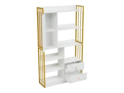 ModernLuxe Estante com 5 prateleiras, 1 porta e 2 gavetas - estilo industrial - Branco e Dourado^ Biblioteca