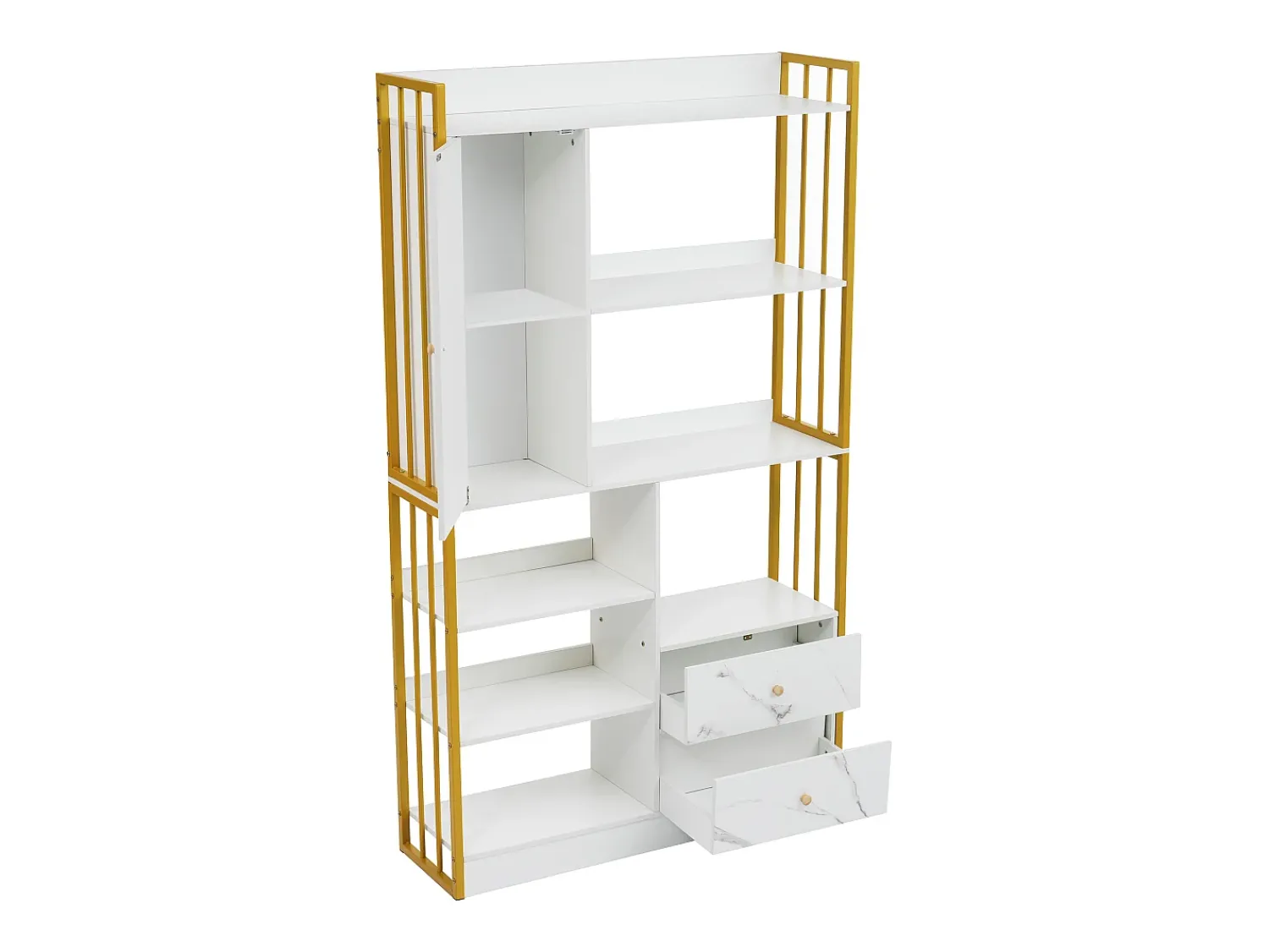 ModernLuxe Estante com 5 prateleiras, 1 porta e 2 gavetas - estilo industrial - Branco e Dourado^ Biblioteca