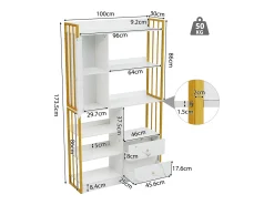 ModernLuxe Estante com 5 prateleiras, 1 porta e 2 gavetas - estilo industrial - Branco e Dourado^ Biblioteca