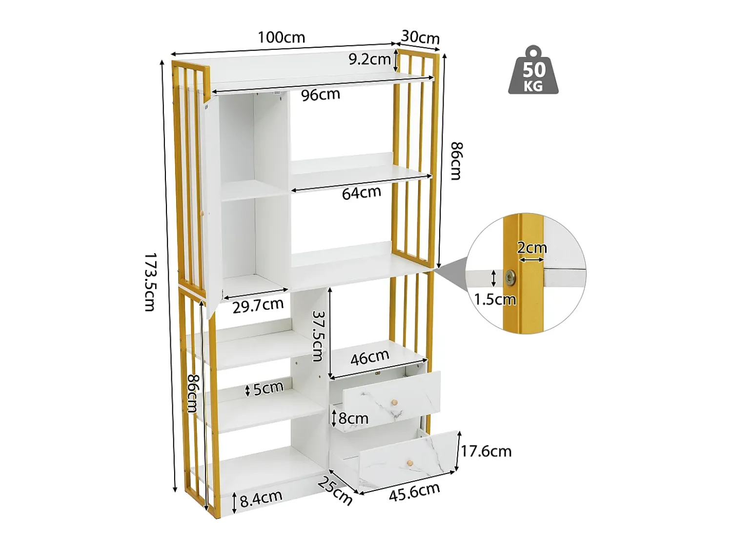 ModernLuxe Estante com 5 prateleiras, 1 porta e 2 gavetas - estilo industrial - Branco e Dourado^ Biblioteca