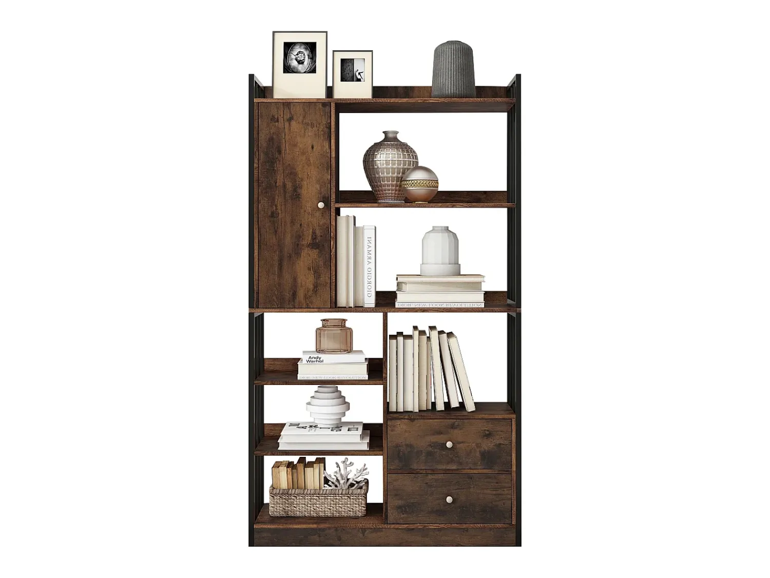 Sale ModernLuxe Estante com 5 prateleiras, 1 porta e 2 gavetas - estilo industrial - Castanho e Preto Preto / Castanho