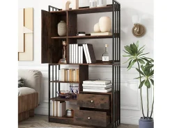 Sale ModernLuxe Estante com 5 prateleiras, 1 porta e 2 gavetas - estilo industrial - Castanho e Preto Preto / Castanho