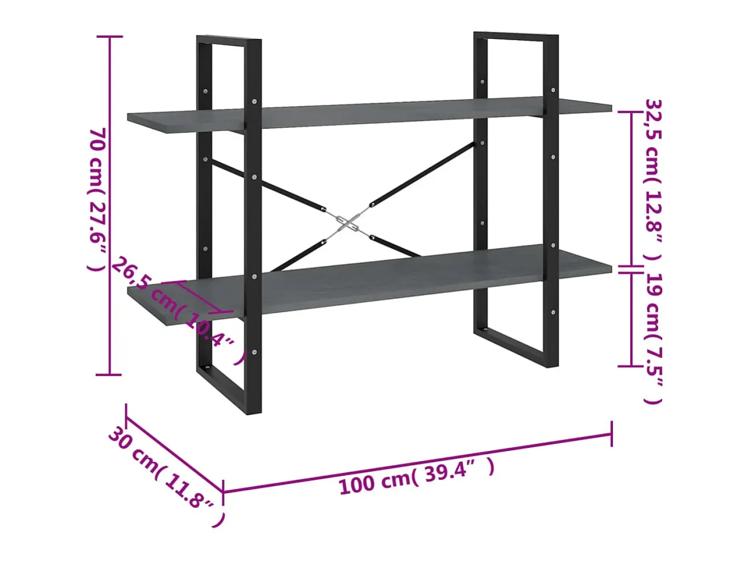 vidaxl Estante com 2 prateleiras 100x30x70 cm pinho maciço^ Vitrina