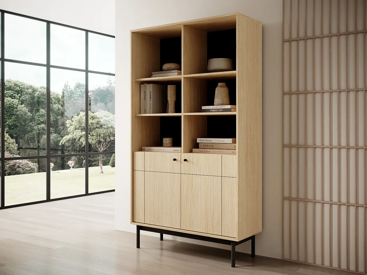 Biblioteca| Estante: Cor Carvalho Linea, pés pretos, 103,5 x 184,6 x 39 cm Castanho