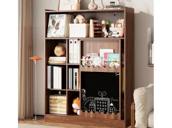 Hauss Spole Estante cor nogueira com porta de correr, quadro preto e 9 prateleiras abertas, MDF^ Biblioteca