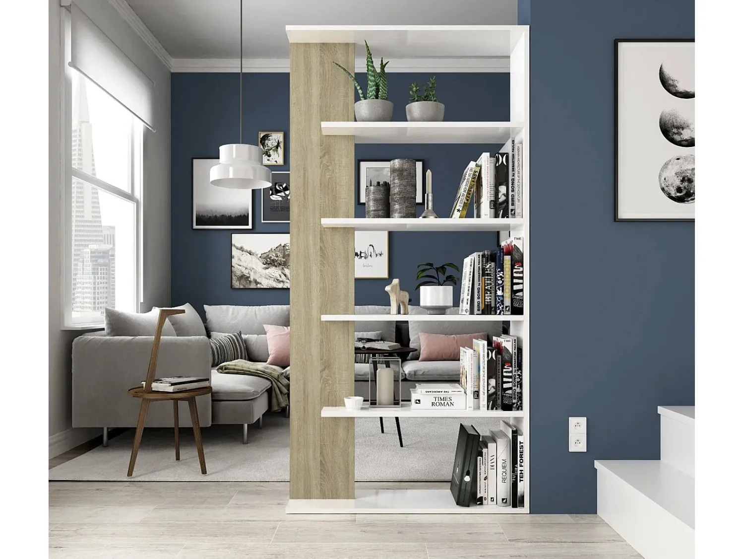 Biblioteca*Dmora Estante Dblanc, Estante dupla face com 5 prateleiras, Prateleira divisória para escritório ou quarto, 90x25h180 cm, e Carvalho Branco