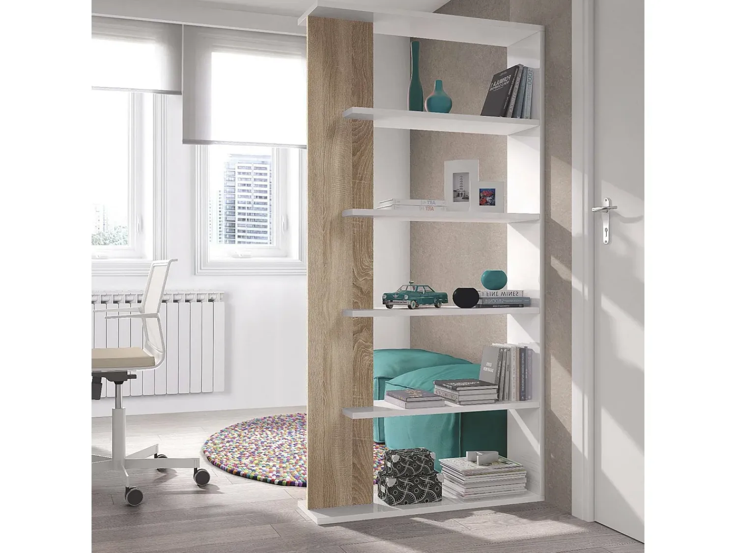 Biblioteca*Dmora Estante Dblanc, Estante dupla face com 5 prateleiras, Prateleira divisória para escritório ou quarto, 90x25h180 cm, e Carvalho Branco