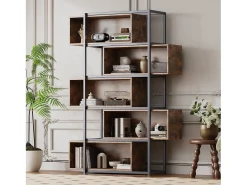 Biblioteca*Merax Estante de 5 andares com prateleiras - 121 x 35 x 176 cm - Madeira MDF e tubo de aço - Marrom Natural claro