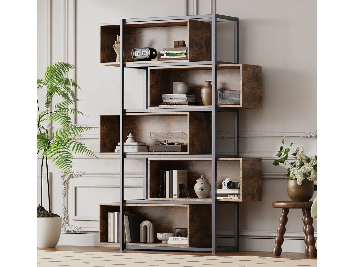Biblioteca*Merax Estante de 5 andares com prateleiras - 121 x 35 x 176 cm - Madeira MDF e tubo de aço - Marrom Natural claro