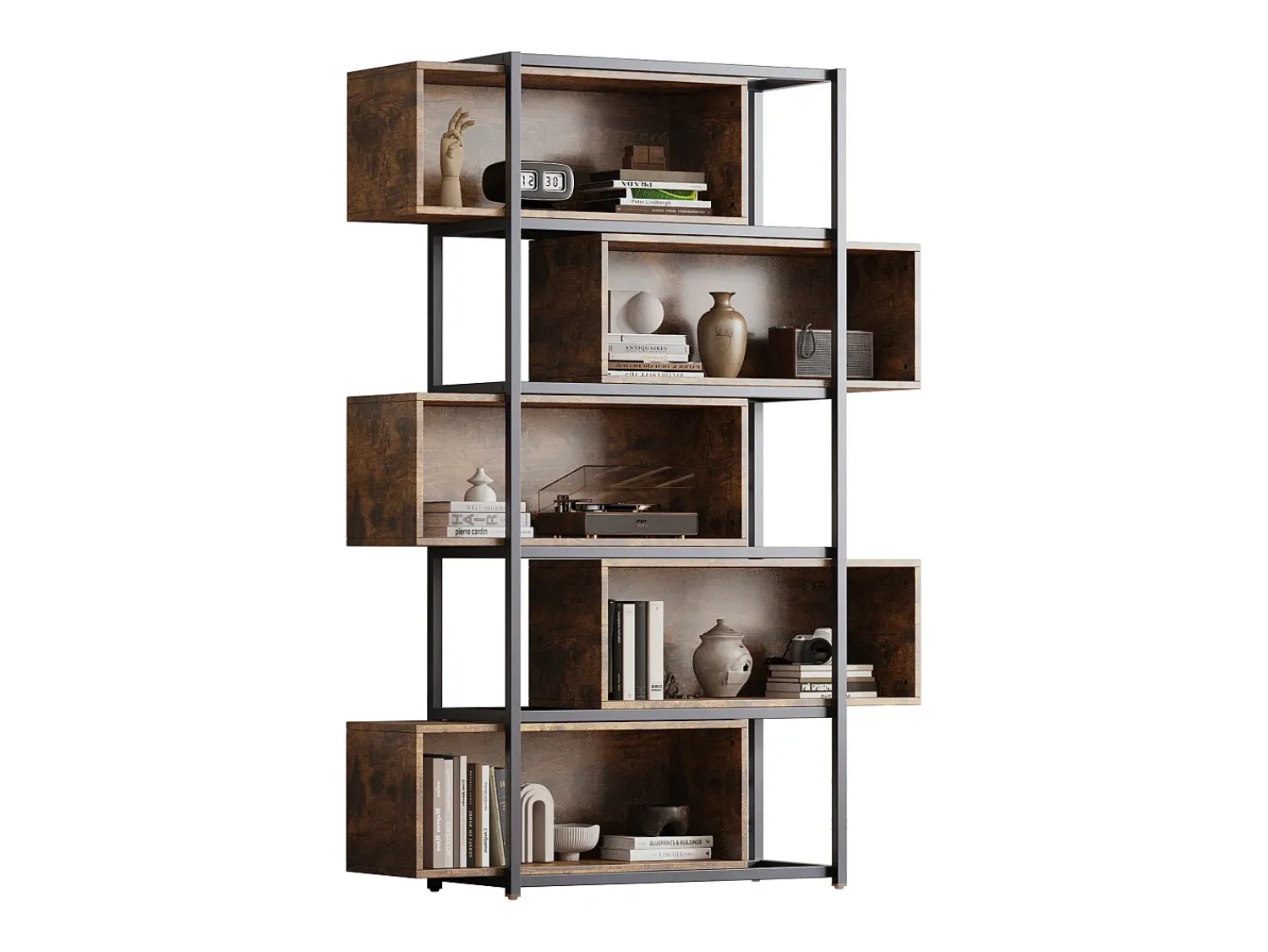 Biblioteca*Merax Estante de 5 andares com prateleiras - 121 x 35 x 176 cm - Madeira MDF e tubo de aço - Marrom Natural claro