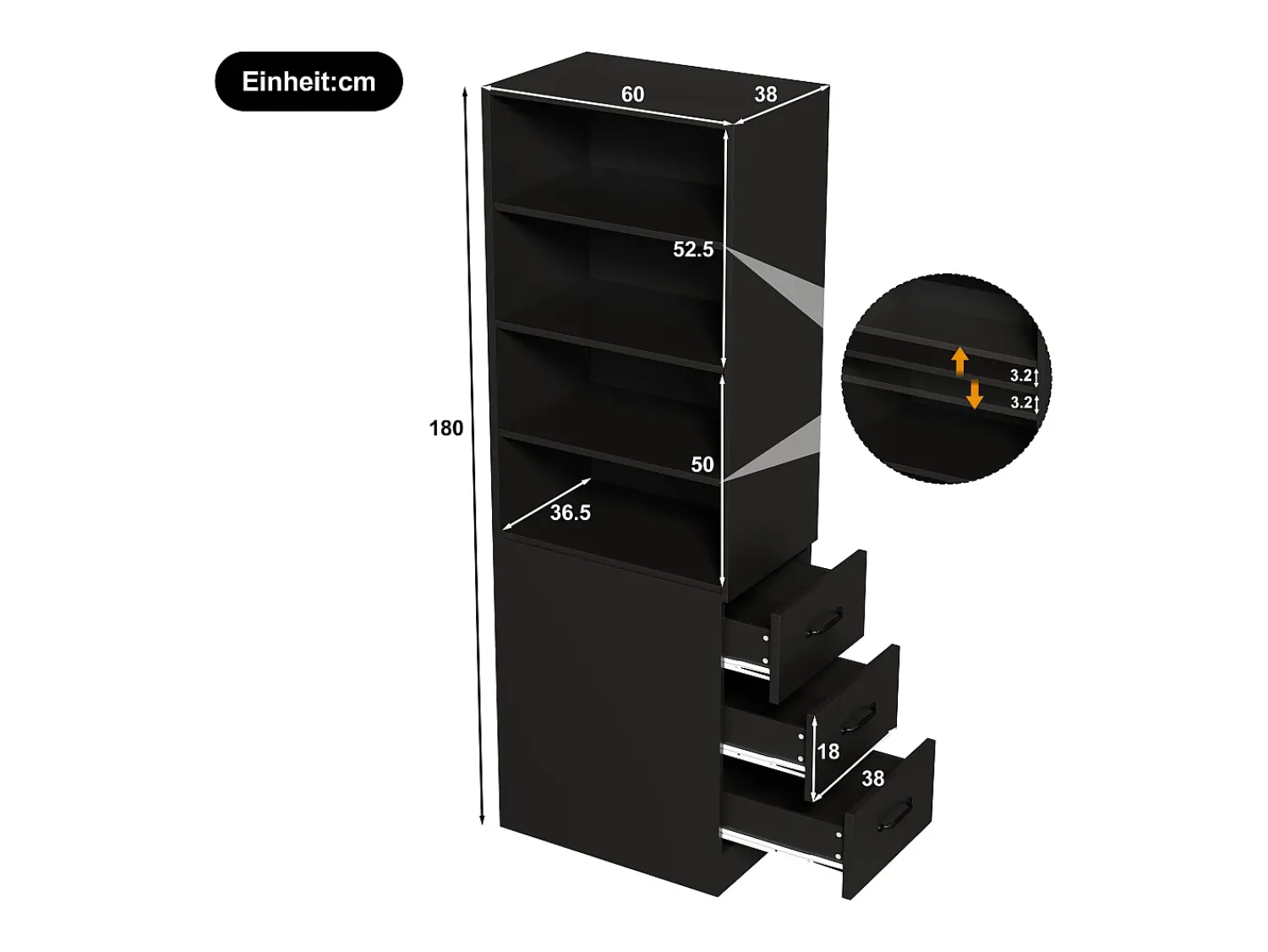Biblioteca*ModernLuxe Estante de 180 cm de altura - con 3 gavetas laterais - Prateleiras ajustáveis - Reversível esquerdo/direito - Preto