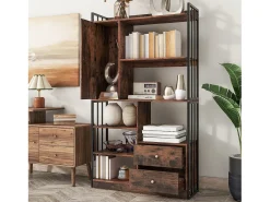 Merax Estante de 6 prateleiras com uma porta e 2 gavetas - 100 x 30 x 173,5 - Aglomerado e metal - marrom + preto^ Biblioteca