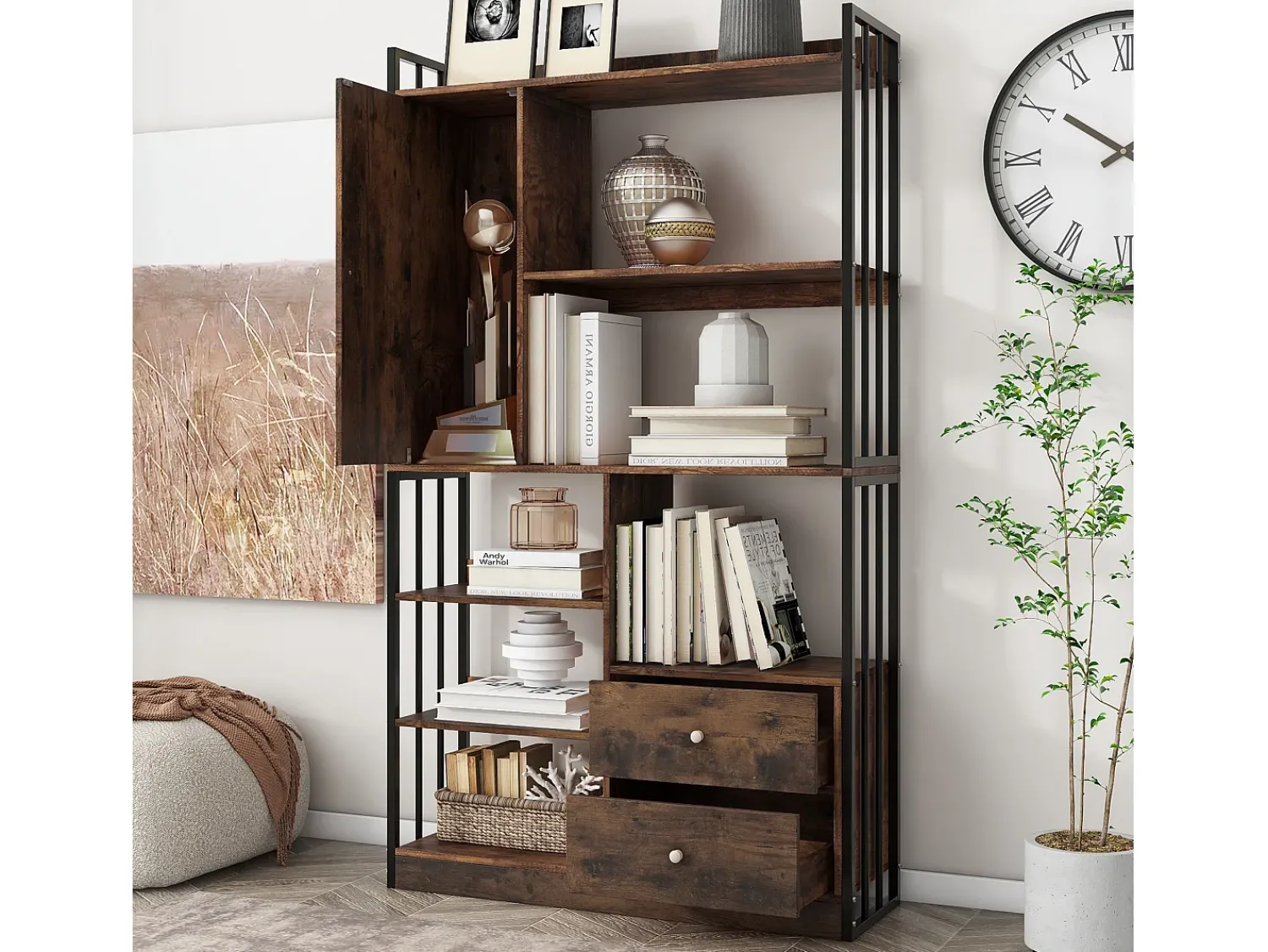 Merax Estante de 6 prateleiras com uma porta e 2 gavetas - 100 x 30 x 173,5 - Aglomerado e metal - marrom + preto^ Biblioteca