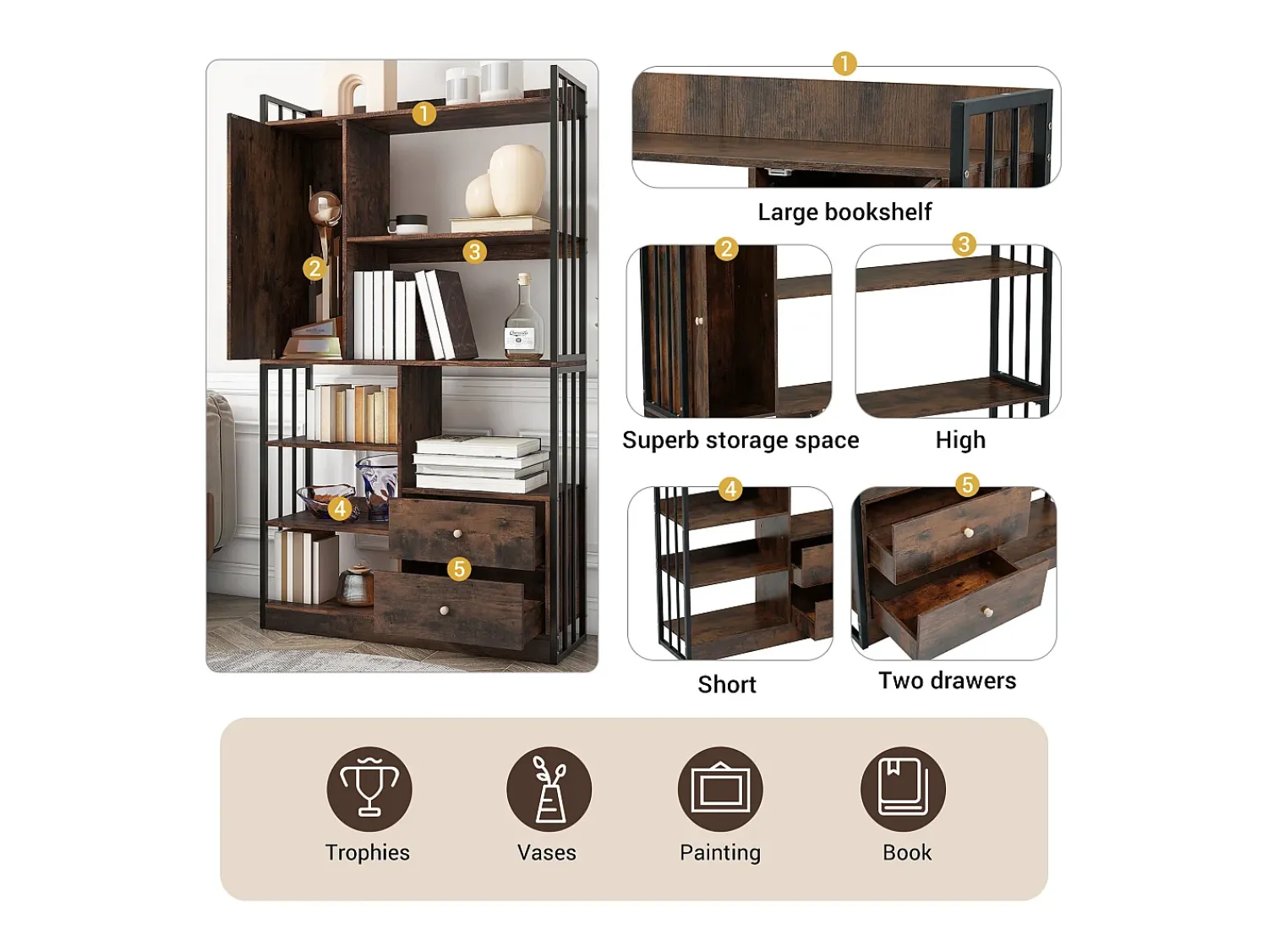 Merax Estante de 6 prateleiras com uma porta e 2 gavetas - 100 x 30 x 173,5 - Aglomerado e metal - marrom + preto^ Biblioteca
