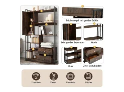 Merax Estante de 6 prateleiras com uma porta e 2 gavetas - 100 x 30 x 173,5 - Aglomerado e metal - marrom + preto^ Biblioteca