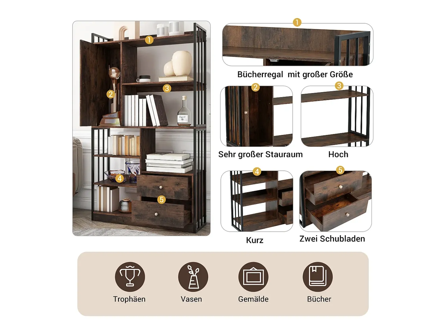 Merax Estante de 6 prateleiras com uma porta e 2 gavetas - 100 x 30 x 173,5 - Aglomerado e metal - marrom + preto^ Biblioteca