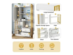 Biblioteca*Merax Estante de 6 prateleiras com uma porta e 2 gavetas - 100 x 30 x 173,5 - Aglomerado e metal - ouro + Branco