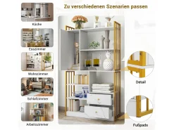 Biblioteca*Merax Estante de 6 prateleiras com uma porta e 2 gavetas - 100 x 30 x 173,5 - Aglomerado e metal - ouro + Branco