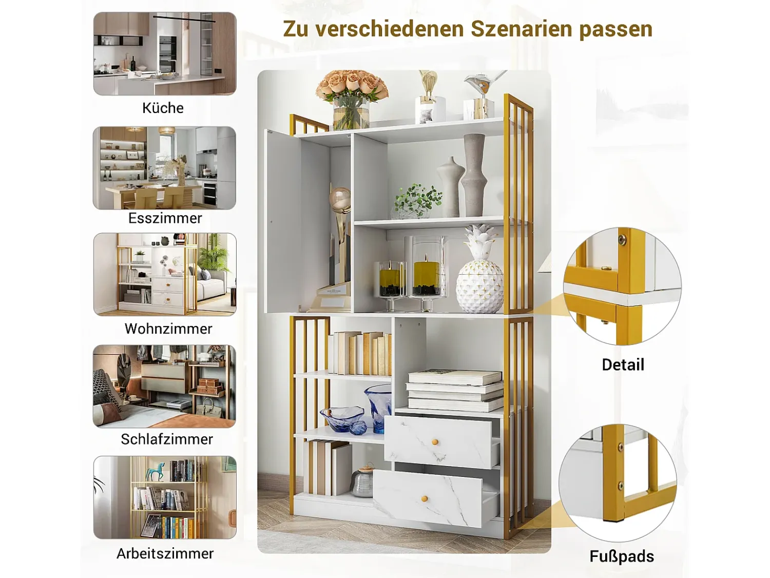 Biblioteca*Merax Estante de 6 prateleiras com uma porta e 2 gavetas - 100 x 30 x 173,5 - Aglomerado e metal - ouro + Branco