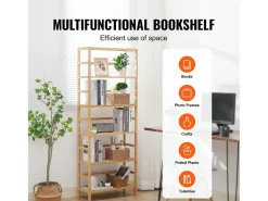 Biblioteca* Estante De Bambu Com 6 Níveis SucceBuy, Estante Em Escada, Prateleira Retangular De Armazenamento Bege