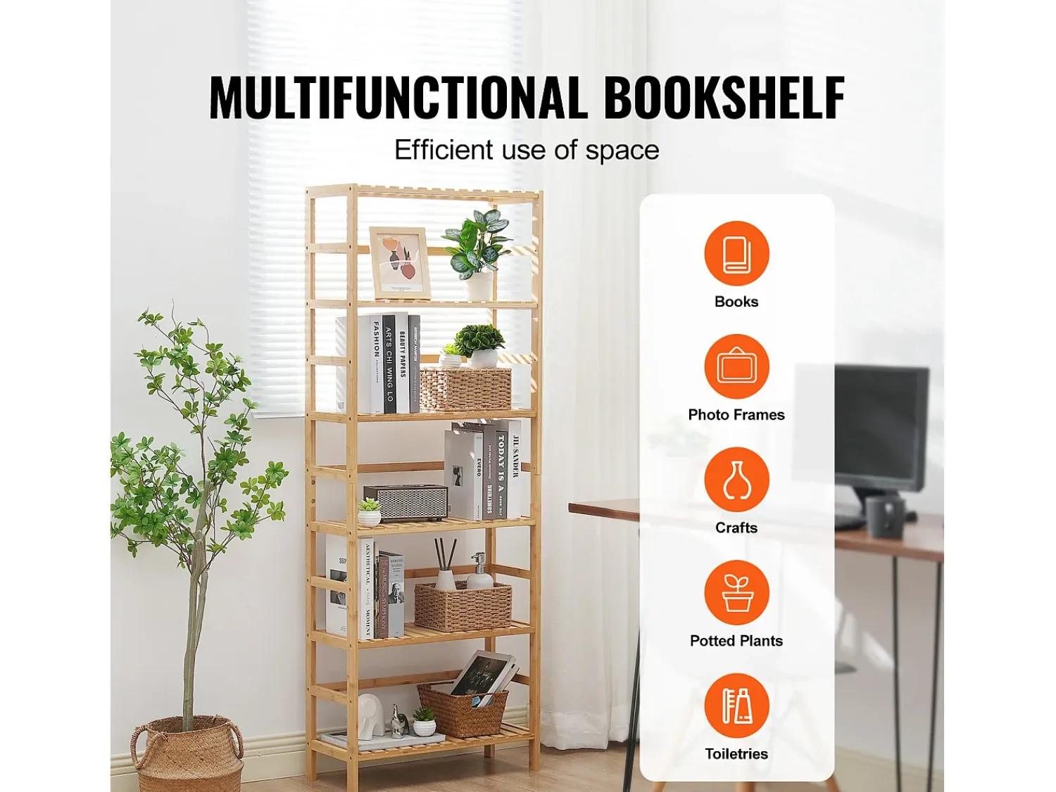 Biblioteca* Estante De Bambu Com 6 Níveis SucceBuy, Estante Em Escada, Prateleira Retangular De Armazenamento Bege