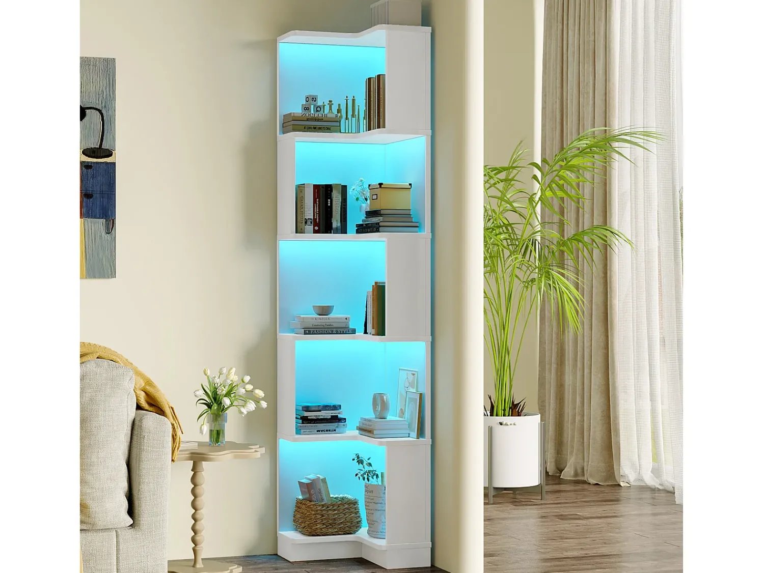 Biblioteca*Merax Estante de canto - 63,5 x 45 x 175 cm - com LEDs + 5 prateleiras - MDF - Branco