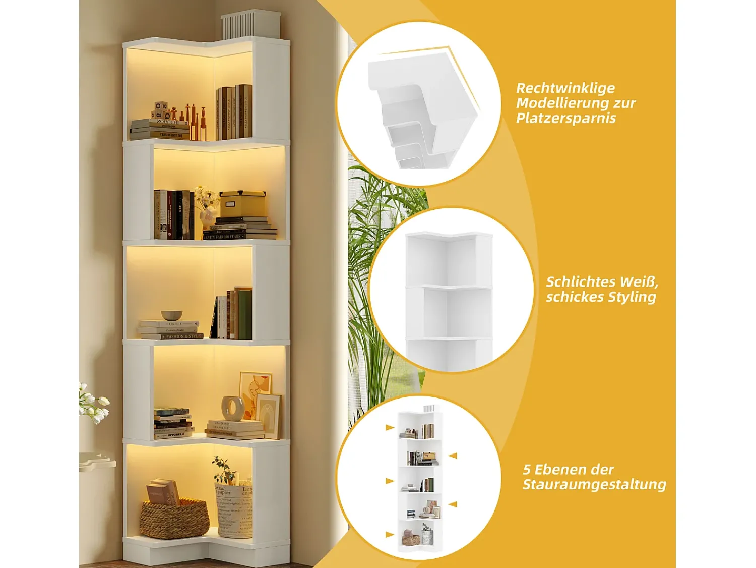 Biblioteca*Merax Estante de canto - 63,5 x 45 x 175 cm - com LEDs + 5 prateleiras - MDF - Branco